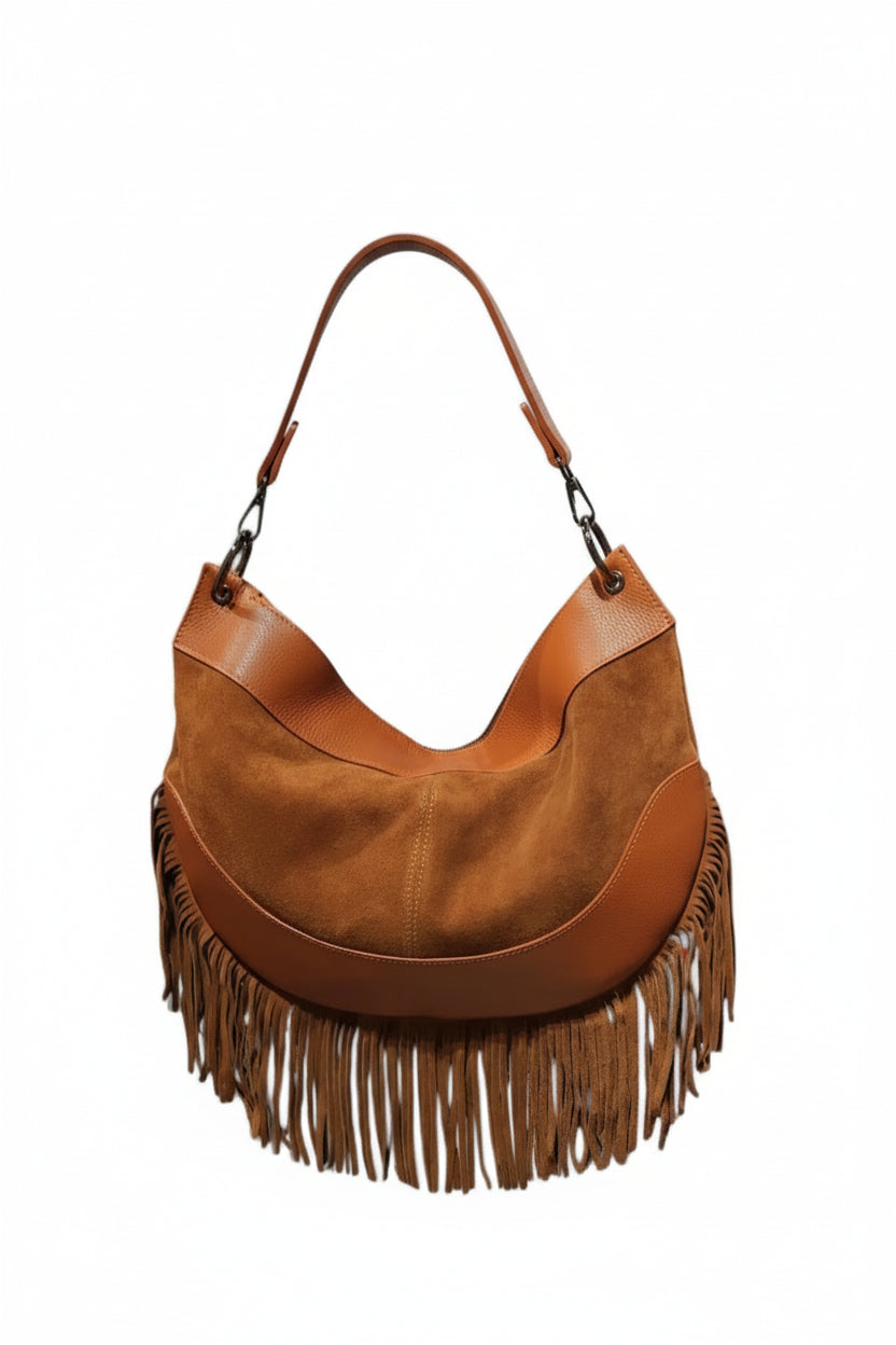 Sac à Main Cuir Nubuck & Franges Bohème " MAYA"