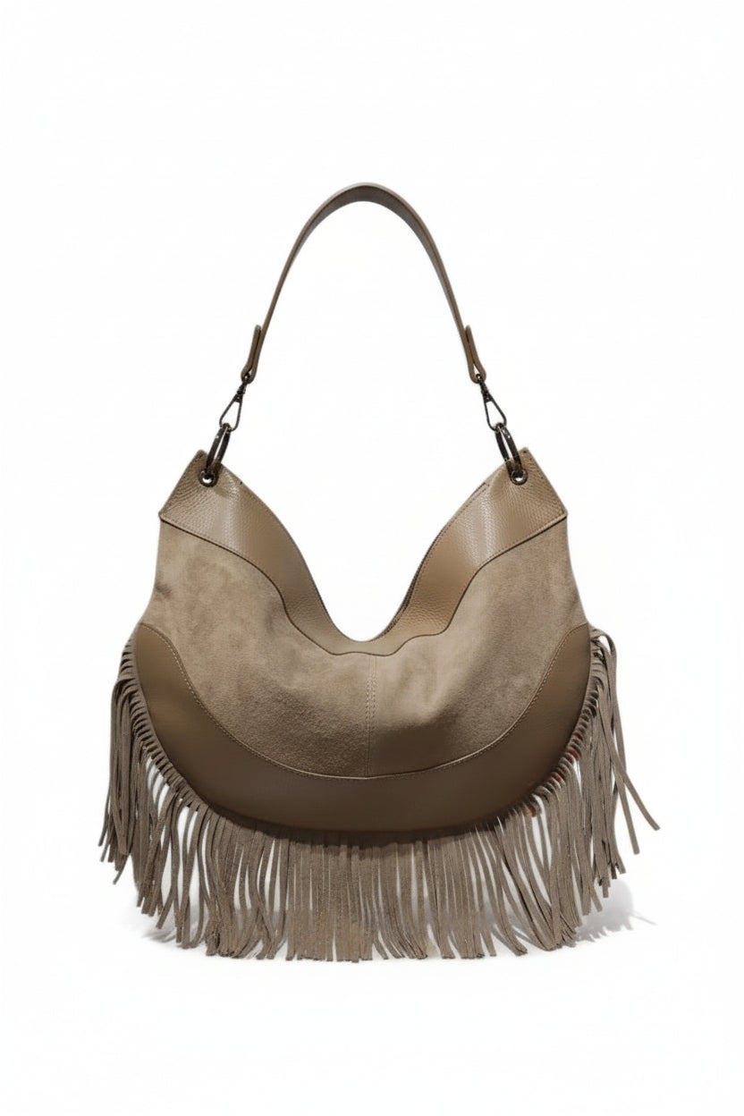 Sac à Main Cuir Nubuck & Franges Bohème " MAYA"