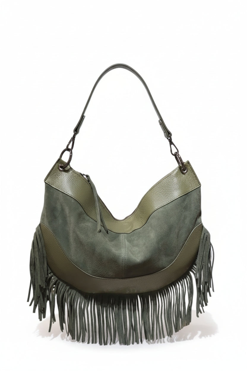 Sac à Main Cuir Nubuck & Franges Bohème " MAYA"