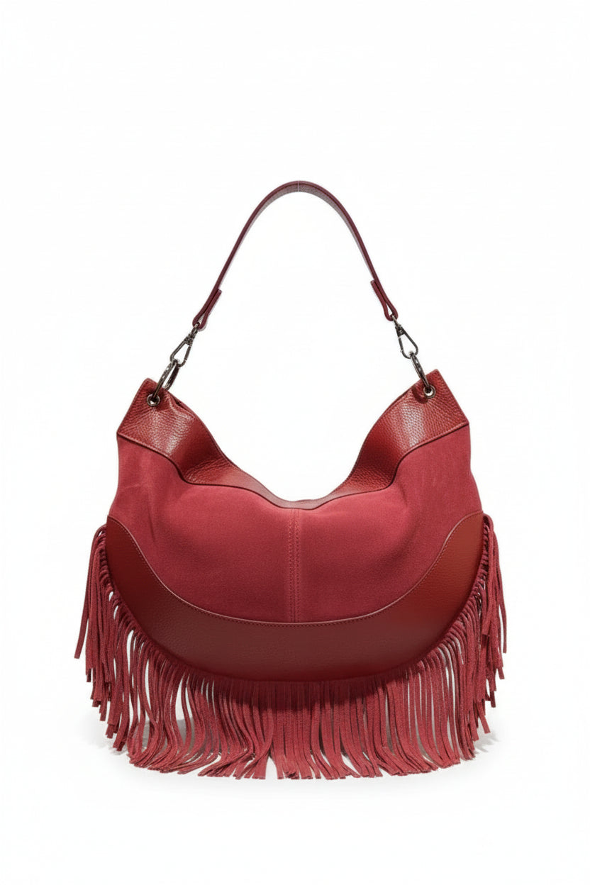 Sac à Main Cuir Nubuck & Franges Bohème " MAYA"