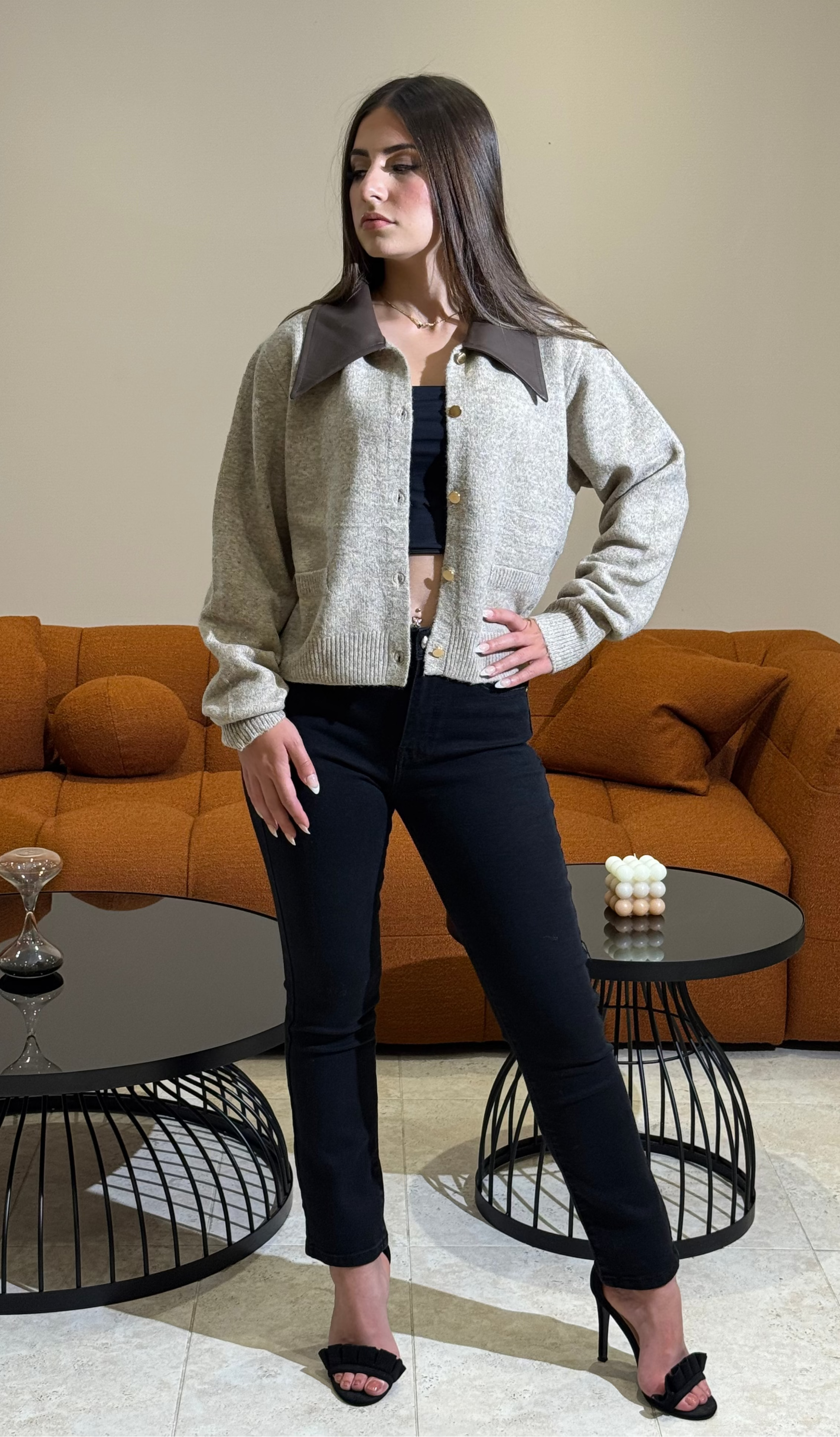 Cardigan Beige avec Col Marron